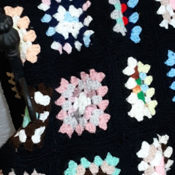 Colorful Hand-Crocheted Granny Square Blanket Multicolored Squares on Black Back - Picture 5 of 8